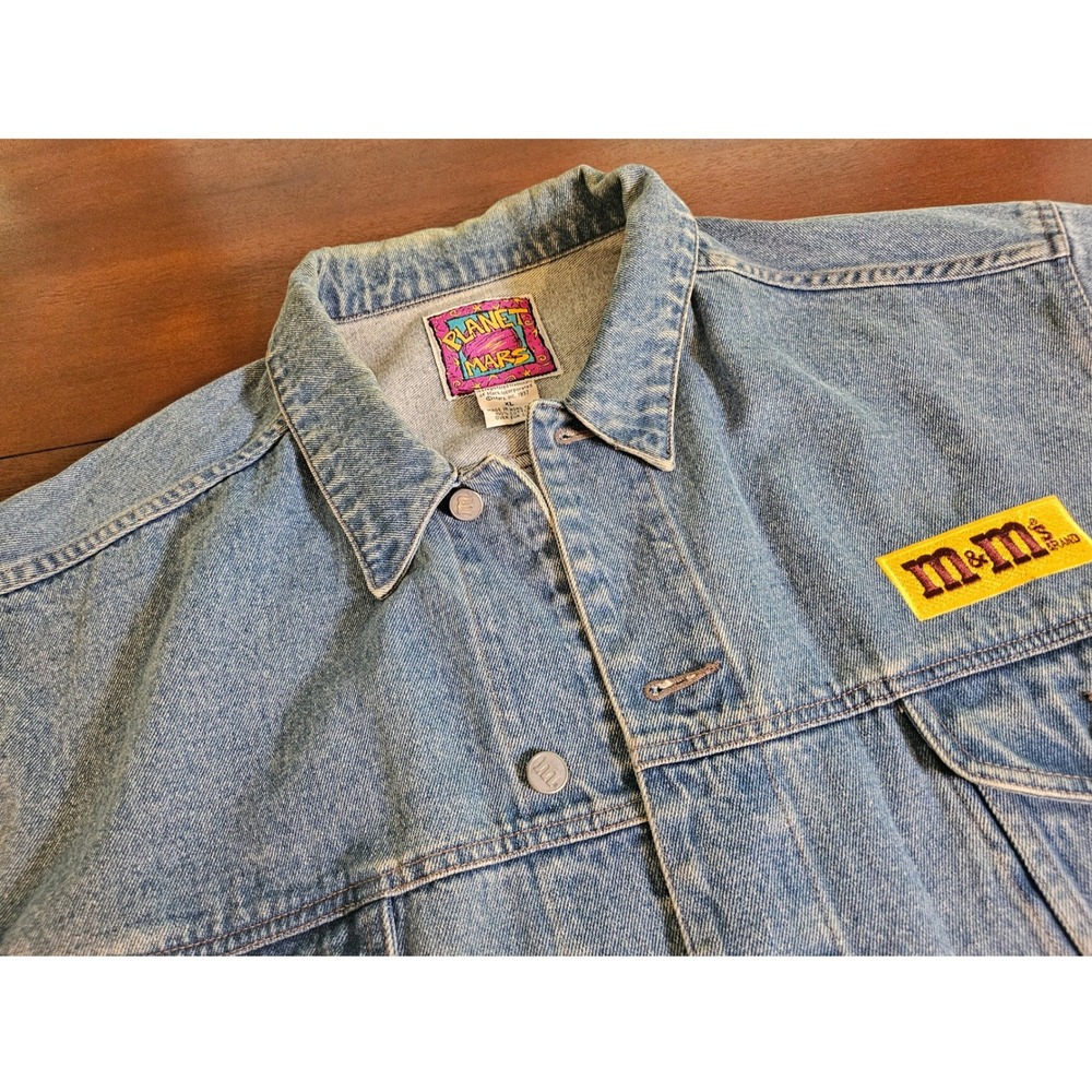 Planet Mars Denim Jacket Size XL Blue M&M's Brand Vintage 1997 Graphic Patch